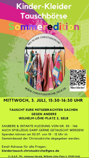 Plakat mit einem Kleiderständer und Informationen 