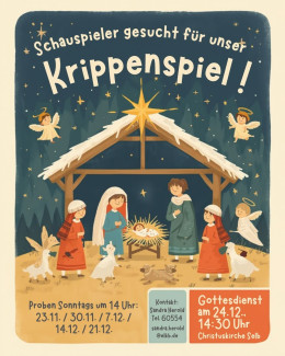 Bunte Krippendarstellung mit Aufruf: Schauspieler gesucht
