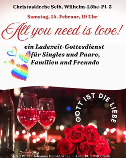 Plakat mit Rosen, einem festlichen Tisch und mehreren Regenbogenherzen 