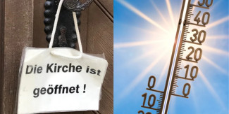 Thermometer in der Sonne und Zettel "Kirche geöffnet" 
