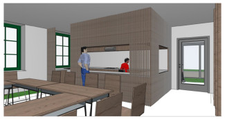 Ein Holzkasten mit Küche im Gemeindesaal 